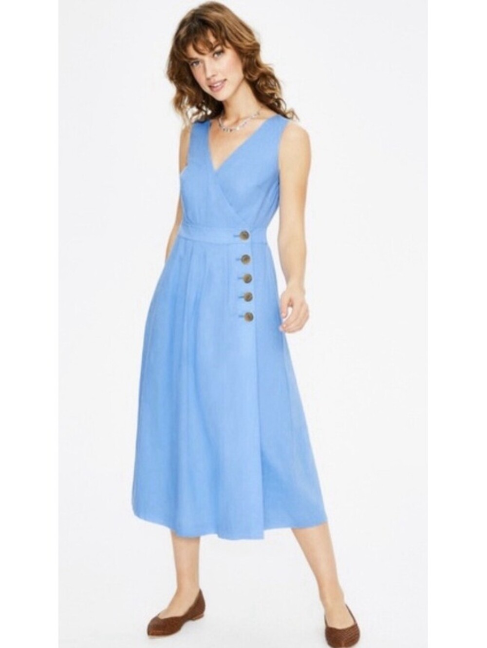 Boden Arwen Blue Linen Cotton Wrap Midi Dress Sleeveless V-Neck Side Button Sz 8